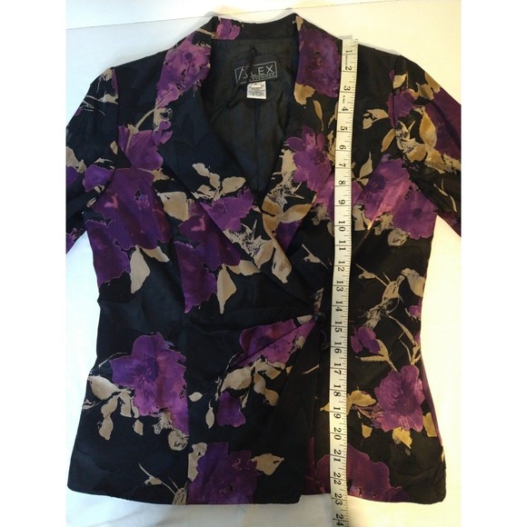 Alex Evenings Jacket Blazer Black Purple Floral Small 3/4 Sheer Sleeves - Picture 6 of 9